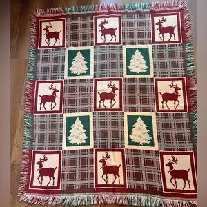 Vintage Woven Cotton Tapestry Fringed Christmas Throw Blanket trees reindeer
